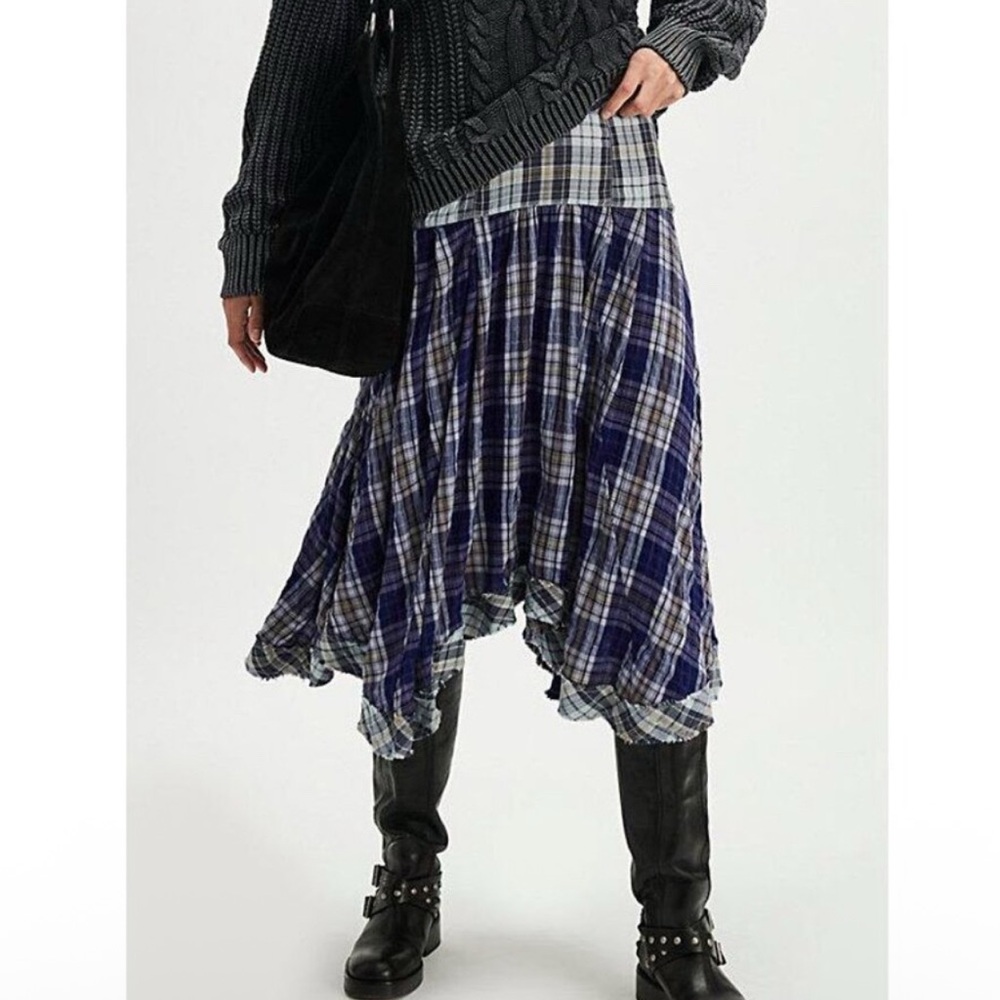 Free People Navy Plaid Midi Skirt